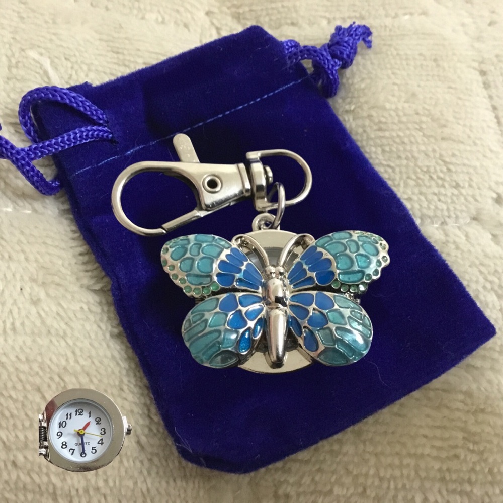 Clip-On Butterfly Quartz Watch Accessory - Silver & Blue